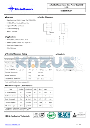 OSB563S3C1A datasheet - 3.5x2.8x1.9mm Super Blue Power Top SMD LED