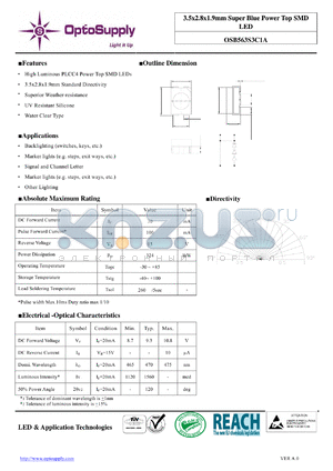 OSB563S3C1A datasheet - 3.5x2.8x1.9mm Super Blue Power Top SMD
