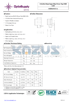 OSB563S3C1A_11 datasheet - 3.5x2.8x1.9mm Super Blue Power Top SMD