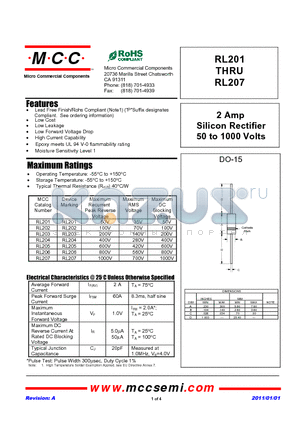 RL201 datasheet - 2 Amp Silicon Rectifier 50 to 1000 Volts