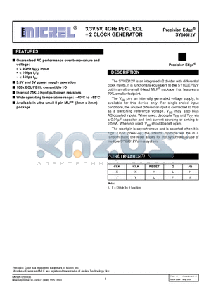 SY89312VMGTR datasheet - 3.3V/5V, 4GHz PECL/ECL  2 CLOCK GENERATOR