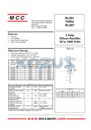 RL201 datasheet - 2 Amp Silicon Rectifier 50 to 1000 Volts