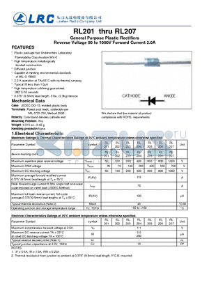 RL201 datasheet - General Purpose Plastic Rectifiers Reverse Voltage 50 to 1000V Forward Current 2.0A
