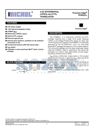 SY89321LMGTR datasheet - 3.3V DIFFERENTIAL LVPECL-to-LVTTL TRANSLATOR