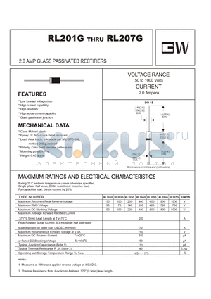 RL201G datasheet - 2.0 AMP GLASS PASSIVATED RECTIFIERS