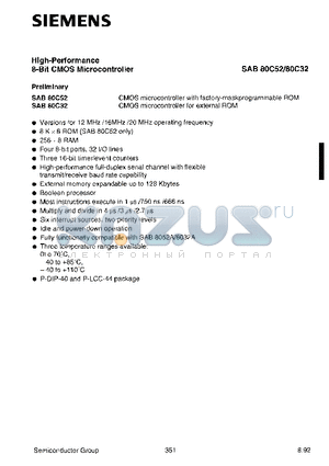 SAB80C32-16-N datasheet - High-Performance 8-Bit Single Chip Microcontroller