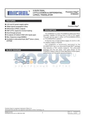 SY89322V datasheet - 3.3V/5V DUAL LVTTL/LVCMOS-to-DIFFERENTIAL LVPECL TRANSLATOR