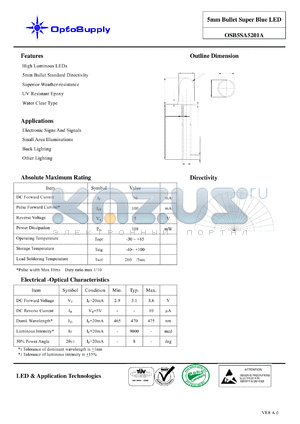 OSB5SA5201A datasheet - 5mm Bullet Super Blue LED