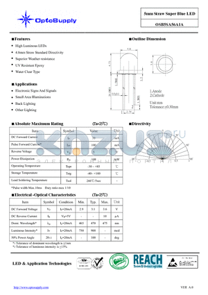 OSB5SA56A1A datasheet - 5mm Straw Super Blue LED