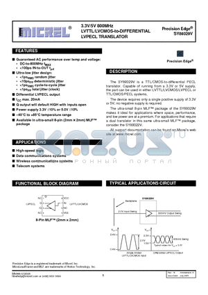 SY89329VMITR datasheet - 3.3V/5V 800MHz LVTTL/LVCMOS-to-DIFFERENTIAL LVPECL TRANSLATOR