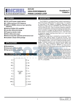 SY89421VZCTR datasheet - 5V/3.3V HIGH-PERFORMANCE PHASE LOCKED LOOP