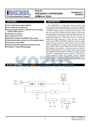 SY89424V datasheet - 5V/3.3V FREQUENCY SYNTHESIZER 60MHz to 1GHz