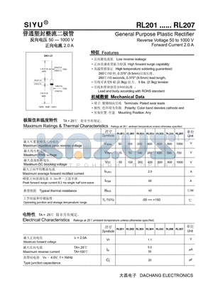 RL202 datasheet - General Purpose Plastic Rectifier Reverse Voltage 50 to 1000 V Forward Current 2.0 A