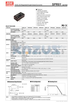 SPR01L-15 datasheet - 1W DC-DC Regulated Single Output Converter