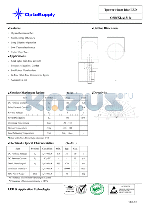 OSB5XLA151R datasheet - Tpower 10mm Blue LED