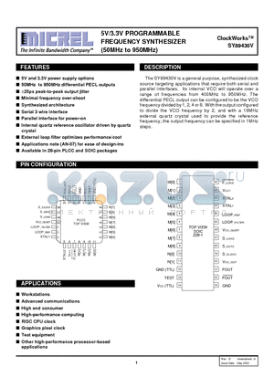 SY89430VJC datasheet - 5V/3.3V PROGRAMMABLE FREQUENCY SYNTHESIZER (50MHz to 950MHz)