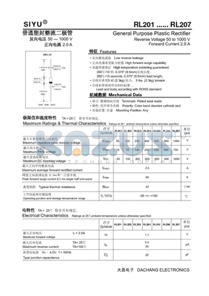 RL203 datasheet - General Purpose Plastic Rectifier Reverse Voltage 50 to 1000 V Forward Current 2.0 A