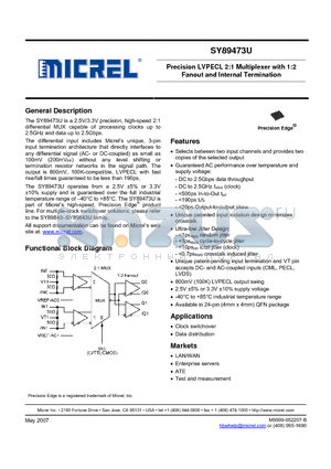 SY89473UMGTR datasheet - Precision LVPECL 2:1 Multiplexer with 1:2