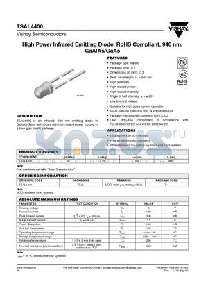 TSAL4400 datasheet - High Power Infrared Emitting Diode, RoHS Compliant, 940 nm, GaAlAs/GaAs