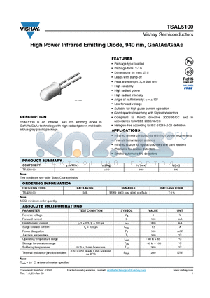 TSAL5100 datasheet - High Power Infrared Emitting Diode, 940 nm, GaAlAs/GaAs