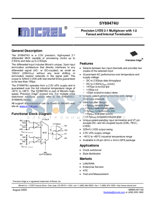 SY89474U datasheet - Precision LVDS 2:1 Multiplexer with 1:2