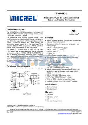 SY89473U datasheet - Precision LVPECL 2:1 Multiplexer with 1:2 Fanout and Internal Termination