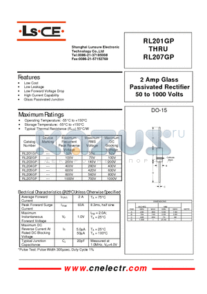 RL203GP datasheet - 2Amp glass passivated rectifier 50to1000 volts