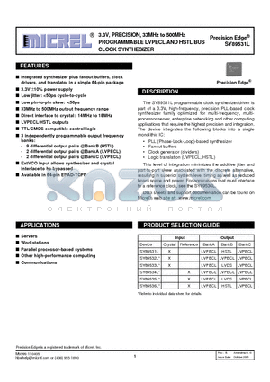 SY89531L datasheet - 3.3V, PRECISION, 33MHz to 500MHz PROGRAMMABLE LVPECL AND HSTL BUS CLOCK SYNTHESIZER