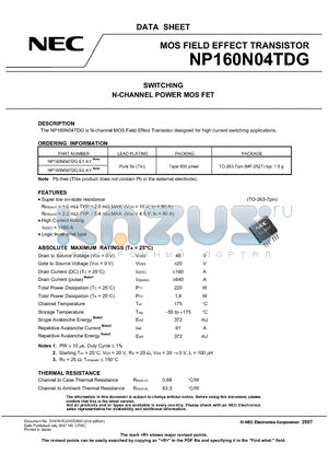 NP160N04TDG-E1-AY datasheet - SWITCHING N-CHANNEL POWER MOS FET