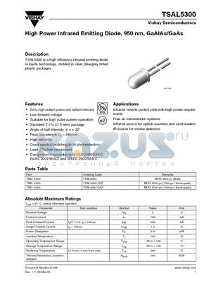 TSAL5300 datasheet - High Power Infrared Emitting Diode, 950 nm, GaAlAs/GaAs