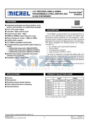 SY89531LHC datasheet - 3.3V, PRECISION, 33MHz to 500MHz PROGRAMMABLE LVPECL AND