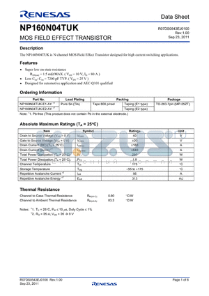 NP160N04TUK-E1-AY datasheet - MOS FIELD EFFECT TRANSISTOR