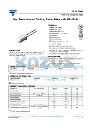 TSAL6200 datasheet - High Power Infrared Emitting Diode, 940 nm, GaAlAs/GaAs