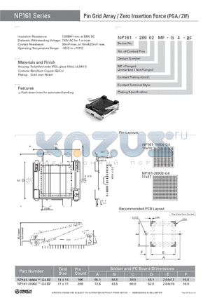 NP161-19604-G4-BF datasheet - Pin Grid Array / Zero Insertion Force (PGA / ZIF)