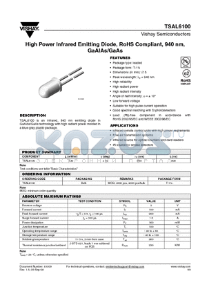TSAL6100_08 datasheet - High Power Infrared Emitting Diode, RoHS Compliant, 940 nm, GaAlAs/GaAs