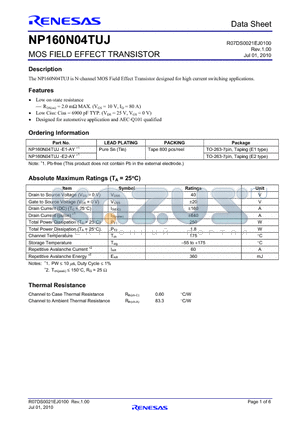 NP160N04TUJ-E1-AY datasheet - MOS FIELD EFFECT TRANSISTOR