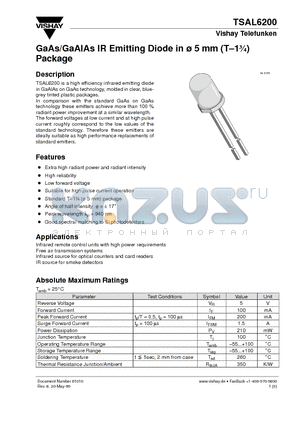 TSAL6200 datasheet - GaAs/GaAlAs IR Emitting Diode in ^5 mm (T-13/4) Package