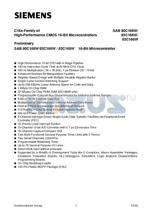 SAB83C166W-5M datasheet - C16x-Family of High-Performance CMOS 16-Bit Microcontrollers