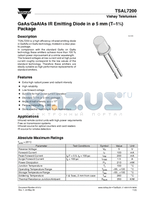 TSAL7200 datasheet - GaAs/GaAlAs IR Emitting Diode in ^5 mm (T-13/4) Package