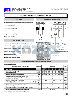 SPR154 datasheet - 15 AMP SUPER-EFFICIENT RECTIFIERS