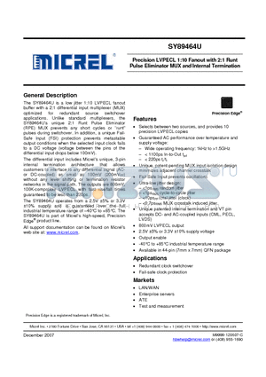 SY89464U datasheet - Precision LVPECL 1:10 Fanout with 2:1 Runt