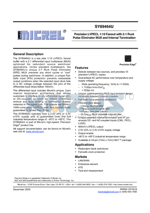 SY89464UMG datasheet - Precision LVPECL 1:10 Fanout with 2:1 Runt Pulse Eliminator MUX and Internal Termination