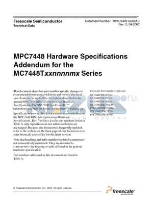 PPC7448THX1400NX datasheet - Hardware Specifications Addendum for the MC7448T xxnnnnmx Series