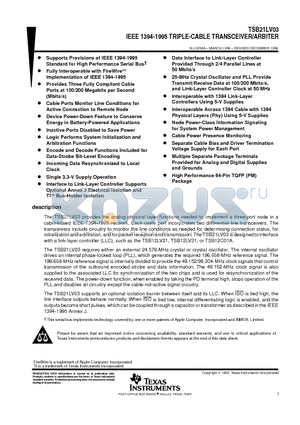 TSB12C01A datasheet - IEEE 1394-1995 TRIPLE-CABLE TRANSCEIVER/ARBITER