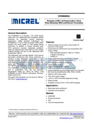 SY89465UMY datasheet - Precision LVDS 1:10 Fanout with 2:1 Runt Pulse Eliminator MUX and Internal Termination