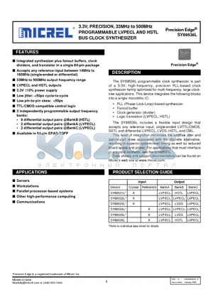 SY89536LHCTR datasheet - 3.3V, PRECISION, 33MHz to 500MHz PROGRAMMABLE LVPECL AND HSTL BUS CLOCK SYNTHESIZER