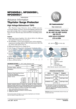 NP2600SA1T3G datasheet - BIDIRECTIONAL TSPD 50, 80, AND 100 AMP SURGE 260 VOLTS HIGH HOLD CURRENT 270 mA MIN