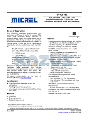 SY89538L datasheet - 3.3V, Precision LVPECL and LVDS Programmable Multiple Output Bank Clock Synthesizer and Fanout Buffer with Zero Delay