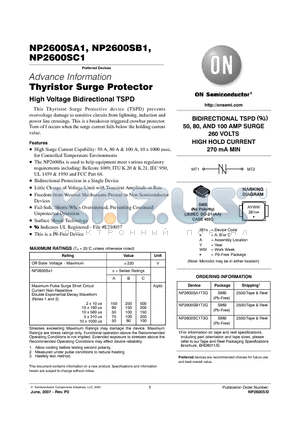 NP2600SC1T3G datasheet - BIDIRECTIONAL TSPD 50, 80, AND 100 AMP SURGE 260 VOLTS HIGH HOLD CURRENT 270 mA MIN