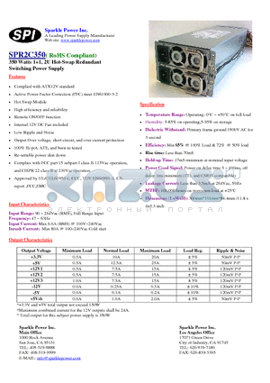 SPR2C350 datasheet - 350 Watts 11, 2U Hot-Swap Redundant Switching Power Supply